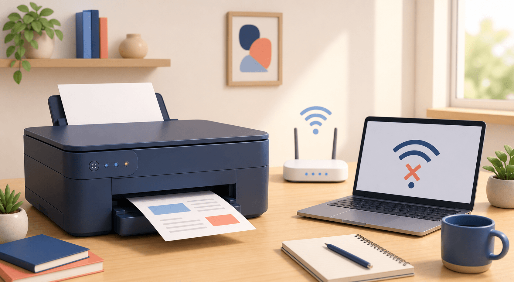 A printer, router, and laptop showing a broken Wi-Fi connection