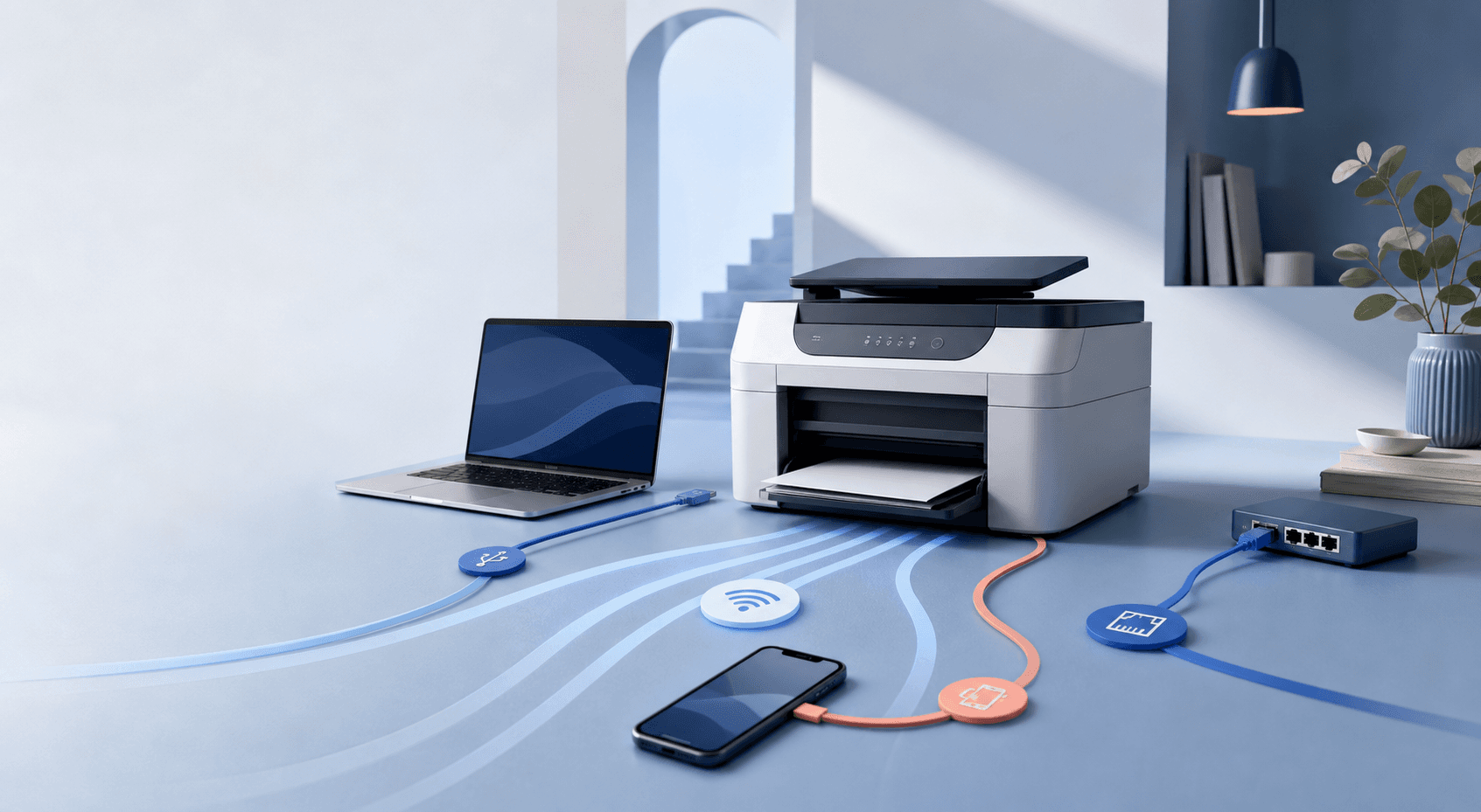 A modern printer connected in several different ways